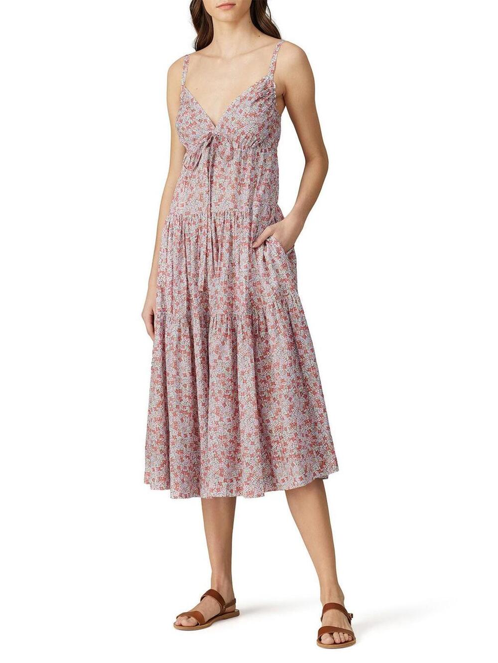 La Vie by Rebecca Taylor Pink Floral Midi Dress Tie Front Cottagecore S